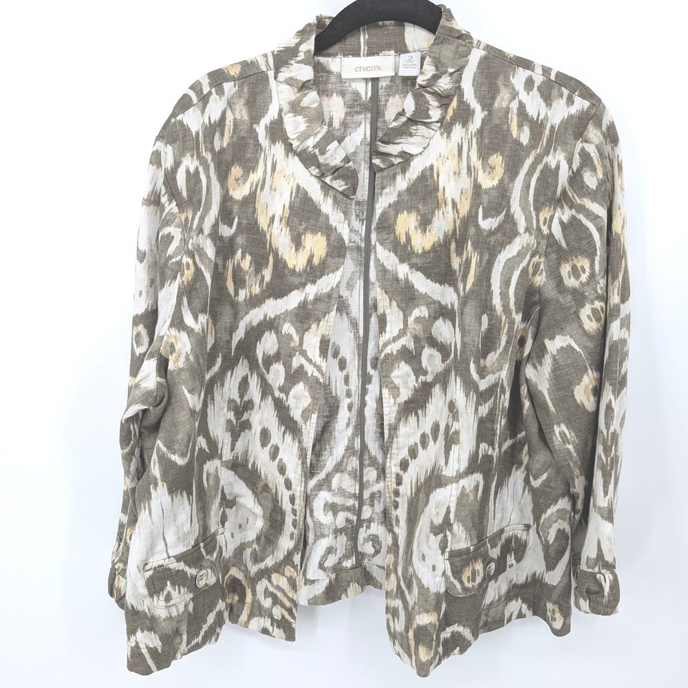 Chico's Ikat Linen Blend Jacket Womens XL Tan Open Ruffle Office Mature Workwear
